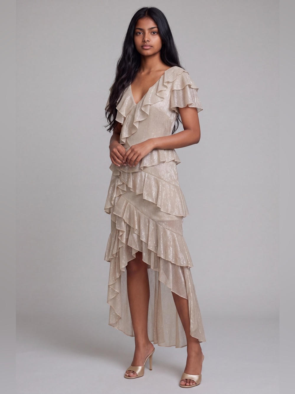 Badgley Mischka Champagne Ruffle High-Low Evening Dress